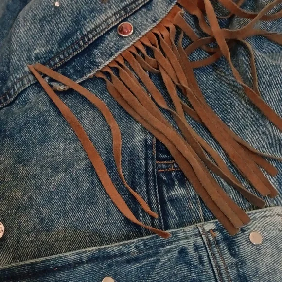 SB ll by Bitterman leather fringe Denim Jacket Vintage BOHO small - Picture 15 of 15